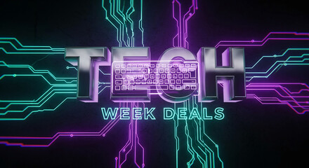 Silver tech letters with a keyboard shape, neon circuit lines on a dark background, concept of computer science and promotional advertisement