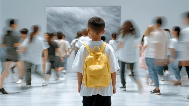 Young child with yellow backpack stands still in crowd, back to camera as blurred people rush focus past, contrast quiet video 4k
