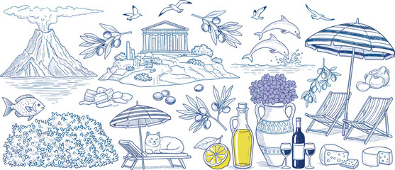 Charming vintage sketch collection captures the essence of Mediterranean travel featuring ancient ruins, volcanic islands, relaxing beach scenes, and local culinary delights