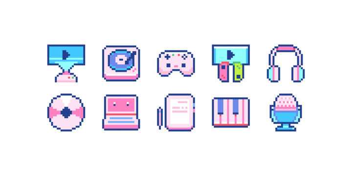 Pixel Art Entertainment, Gaming and Music Devices Pack. 8bit Consoles, Controllers, Headphones, Laptops and Streaming Studio Icons.
