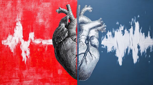 Heart art with dualistic contrast, half warm red, half cool blue, with waveform overlays