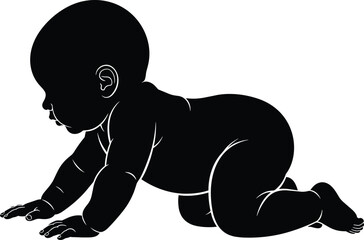 Adorable crawling baby silhouette in side view, detailed infant pose illustration for childcare, parenting, newborn, family, nursery and educational design use