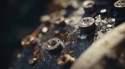 oxidized dirty engine oil, burnt particles, tired chemical molecules depicted humorously like old exhausted workers, cinematic macro shot, gritty