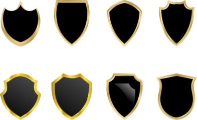 Black gradient luxury shield Gold and black shield with gold laurels gold shield with ribbon for warranty logo Elegant black and gold shield emblem logo design with laurel wreath banner