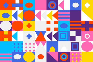 Vibrant geometric pattern with diverse shapes and bright, contrasting colors