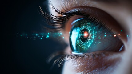 Futuristic Human Eye with Digital AI Interface and Data Stream