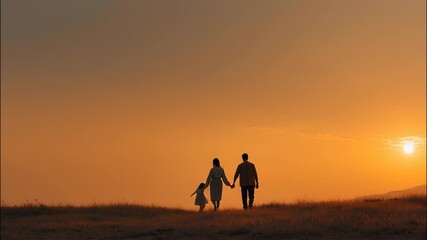 Family walking together a field at sunset. Parents holding hands with child representing support and togetherness love, video 4k
