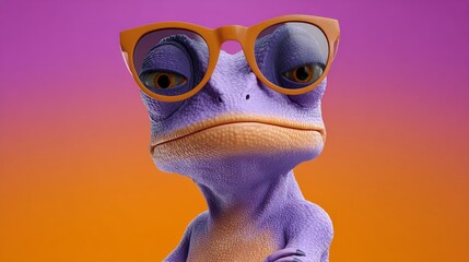 Colorful cartoon lizard character wearing stylish orange glasses, posing confidently against a vibrant gradient background, showcasing a fun and playful personality in a whimsical illustration