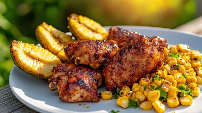 Grilled chicken pieces and corn on the cob are beautifully presented on a white plate with a blurred natural green outdoor background creating a delicious food image. - Powered by Adobe