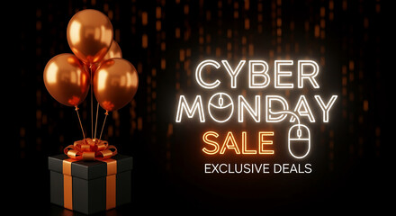 Image of a gift with shiny balloons and ribbon, next to a "Cyber Monday Sale" neon sign, signifying discount, offer, promotion, and marketing campaign
