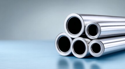 Fototapeta premium Metallic cylindrical tubes arranged in a stack on a smooth blue surface, showcasing their shiny texture and reflecting light, ideal for industrial and design applications