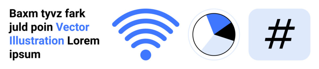 Obraz premium wireless signal icon, pie chart, metadata tag, and Lorem Ipsum text emphasize technology, analytics, social engagement. Ideal for tech services, data insights, productivity tools minimal branding