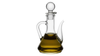 Elegant glass olive oil cruet with spout isolated PNG on transparent background, kitchenware for gourmet cooking and Mediterranean cuisine