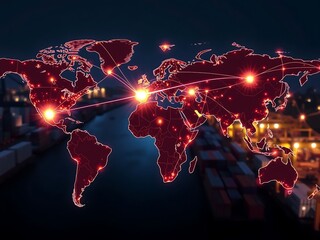 Generative AI depiction of a global connectivity network illustrating interconnected world map