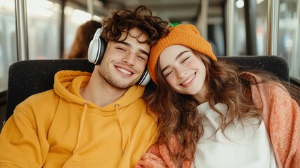 Joyful Young Couple Sharing a Happy Moment on Public Transport