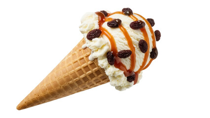 Delicious rum raisin ice cream cone PNG isolated, sweet dessert with caramel sauce and raisins on...