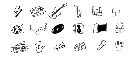 music doodle icon bundle hand drawing instrument disco rock song