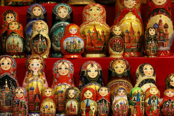 Russian nesting dolls in the souvenir shop. Traditional wooden matryoshka dolls