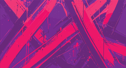 Vibrant abstract painting with dynamic magenta brushstrokes and vivid splashes on a rich purple background, creating a bold, expressive, and textured contemporary art piece.