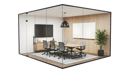 Glass-enclosed conference room with wooden table, office chairs, green plants, and presentation screen, showcasing modern corporate meeting space design.