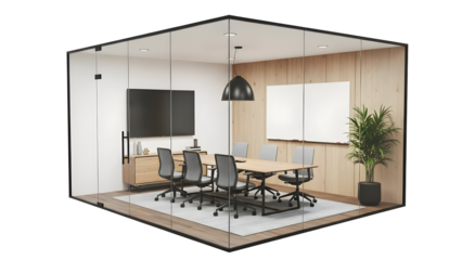 Glass-enclosed conference room with wooden table, office chairs, green plants, and presentation screen, showcasing modern corporate meeting space design.