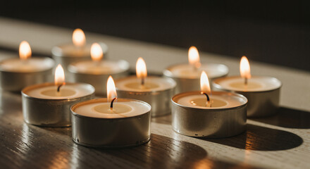 Tealight candles burning on wooden surface in dim lighting  