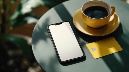 Modern minimalist scene with smartphone, coffee cup, and yellow credit card on a green table under natural sunlight. Concept of mobile banking, online shopping, contactless payment, digital lifestyle.