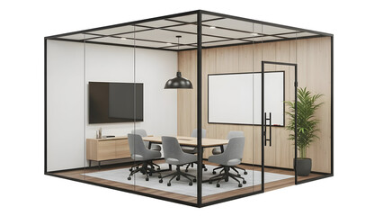 Glass-enclosed conference room with wooden table, office chairs, green plants, and presentation screen, showcasing modern corporate meeting space design.