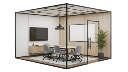 Glass-enclosed conference room with wooden table, office chairs, green plants, and presentation screen, showcasing modern corporate meeting space design.