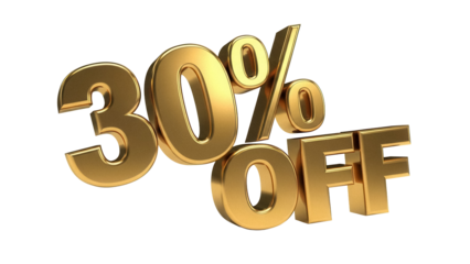Shiny golden 30 percent off isolated PNG, promotional sale discount offer on transparent background, marketing campaign for retail