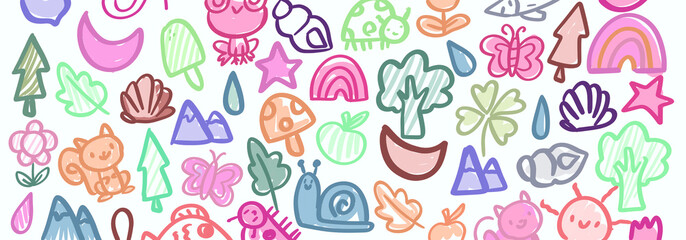 Fototapeta premium Colorful hand-drawn doodle pattern featuring cute animals, nature elements, trees, flowers, rainbows, stars, insects, and fruits. Perfect for kids design, nursery art, patterns, stickers illustration.