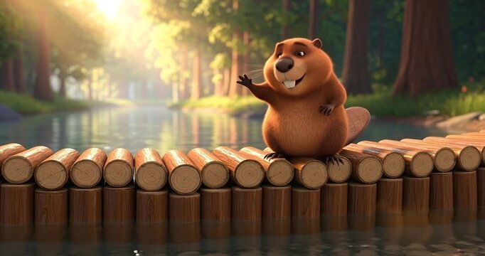 Cheerful animated beaver waving from a wooden log bridge by a serene forest river at sunset