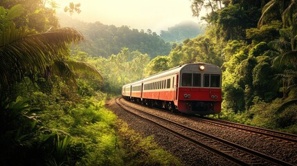 Fototapeta premium A red train travels along a railway surrounded by lush green vegetation and mountains. The scene captures a serene and natural landscape.