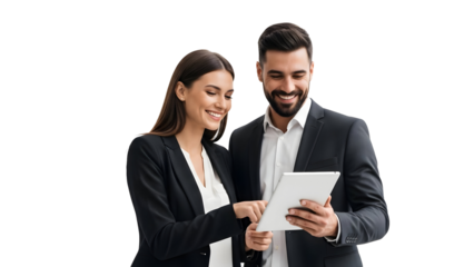 Two professionals collaborating on a digital device, symbolizing teamwork, technology, and success, isolated on transparent background.