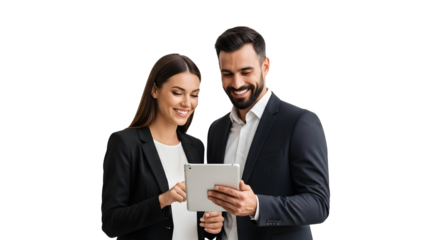 Two professionals collaborating on a digital device, symbolizing teamwork, technology, and success, isolated on transparent background.