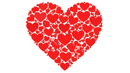 A large heart shape made up of numerous smaller red hearts on a white background, symbolizing love and affection and romantic feelings.