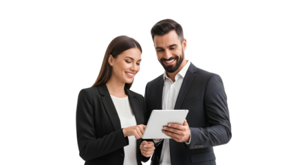 Two professionals collaborating on a digital device, symbolizing teamwork, technology, and success, isolated on transparent background.