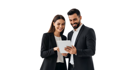Two professionals collaborating on a digital device, symbolizing teamwork, technology, and success, isolated on transparent background.
