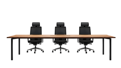 Office meeting setup with table, chairs, and workspace essentials, isolated on transparent background for professional visuals.
