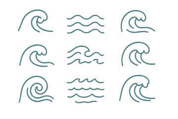 Minimalist ocean wave icons set in line art style for water and sea symbols
