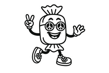 Cheerful candy wrapper mascot making peace sign and dancing happily