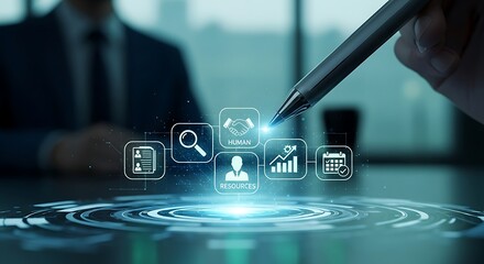 A professional analyzing data with digital icons representing business concepts and a focused interview in the background