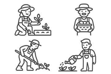 People working in a garden, planting, harvesting, and watering in a sunny outdoor setting during the day