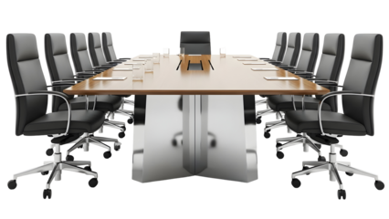Modern conference room featuring a large table and office chairs, ideal for corporate meetings and professional workspace visuals.