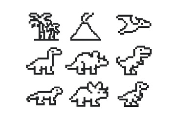 Minimalist black and white pixelated icons of prehistoric dinosaurs and landscape © Andrei