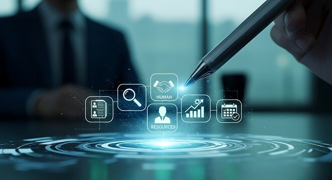 A professional analyzing data with digital icons representing business concepts and a focused interview in the background - Powered by Adobe