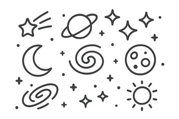 Hand drawn cosmic elements set including stars, moon, sun, and planets in simple outline style © Andrei