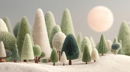 Whimsical forest landscape with stylized conical trees and a soft glowing orb in the sky