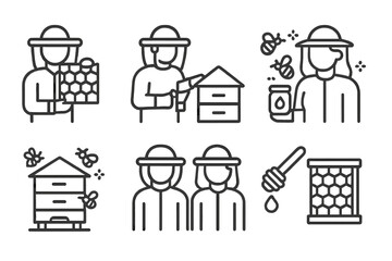 Beekeeping and honey production symbols featuring beekeepers, beehives, honeycombs, and bees