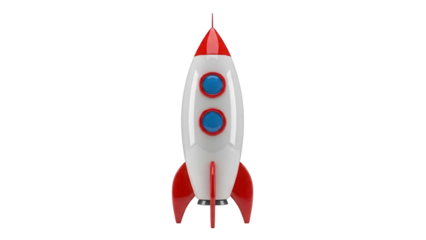 Retro cartoon rocket ship PNG isolated on transparent background, red and white space shuttle for kids projects and graphic design